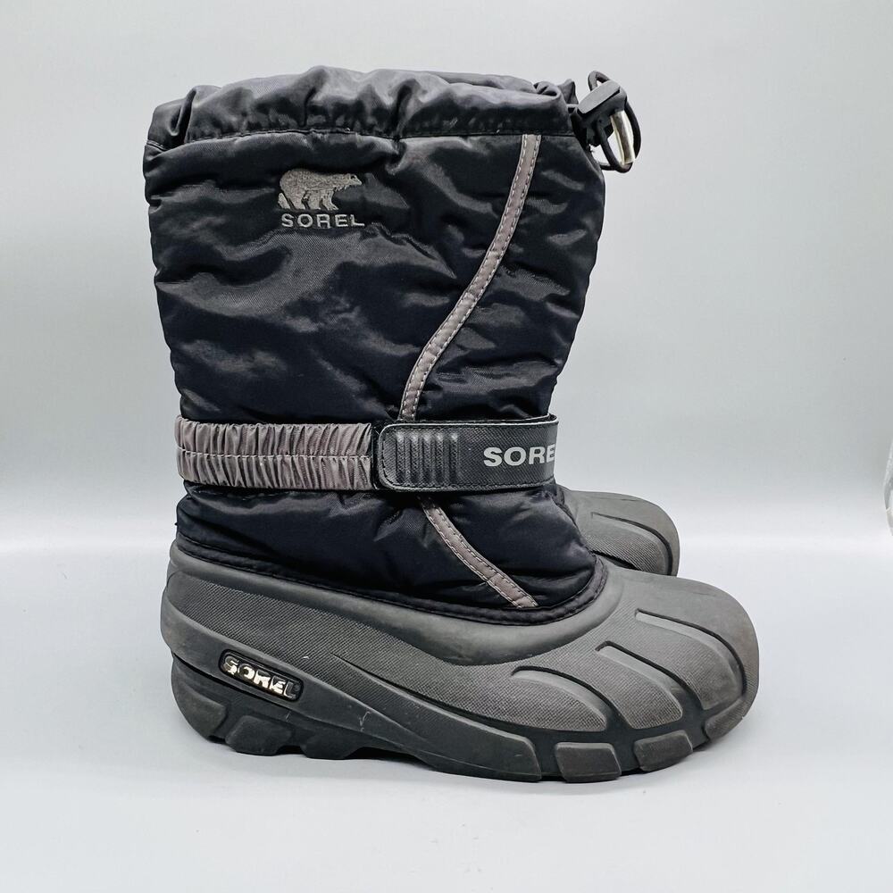 Sorel Boots Boys Girls 5 Black Mid Calf Hook & Loop Waterproof Snow Winter Shoes